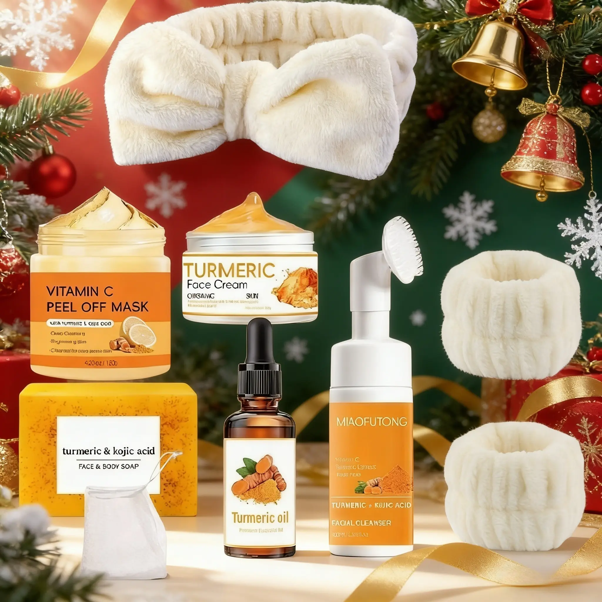 Christmas Turmeric Face Wash Set, Nourishing Turmeric Soap & Mousse Cleanser & Mask, Deep Cleaning Skin Care Kit for Men and Women, Perfect Holiday Gift