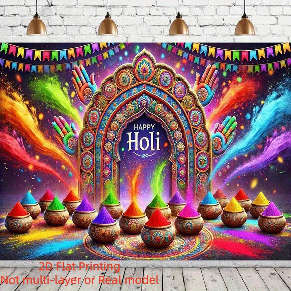 2D Flat Banner Vibrant Holi Festival Celebration Backdrop, Traditional Indian Design on Colorful Polyester Banner for Indoor & Outdoor Parties, Home & Garden Events