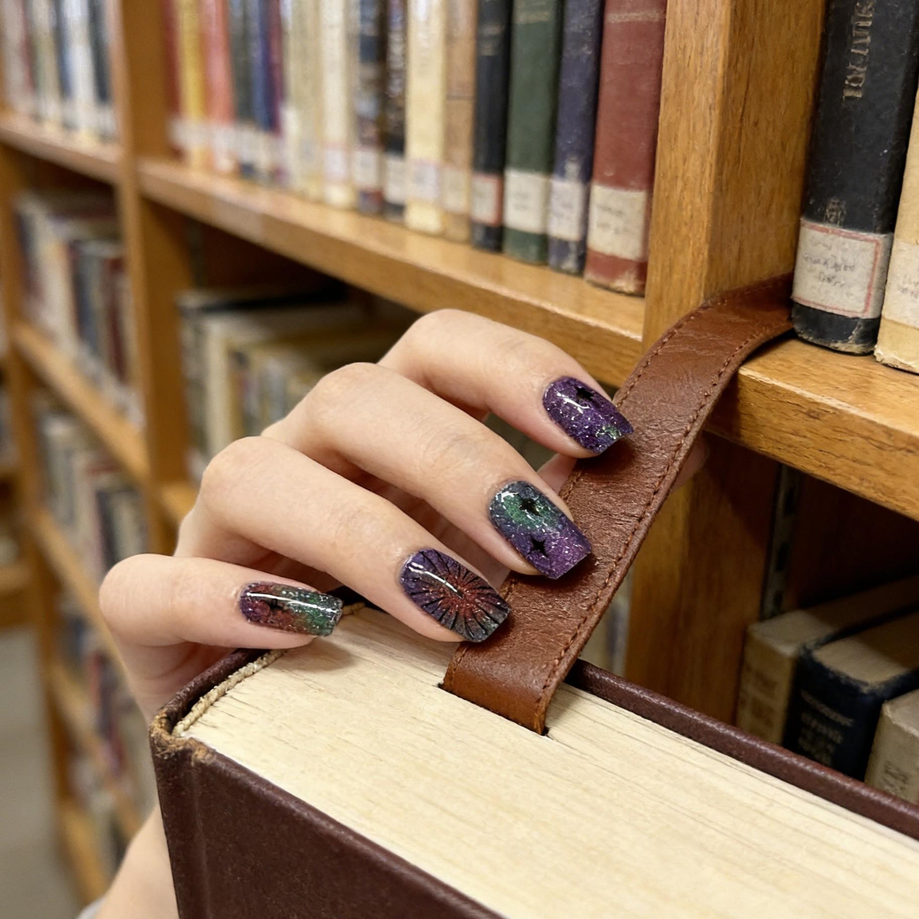 Alien Code Midnight Diamond Dust Nails, Irregular Multi-Color Stains with Abstract Sci-Fi Lines, Half-Cured Gel Nail Strips for DIY Home Use