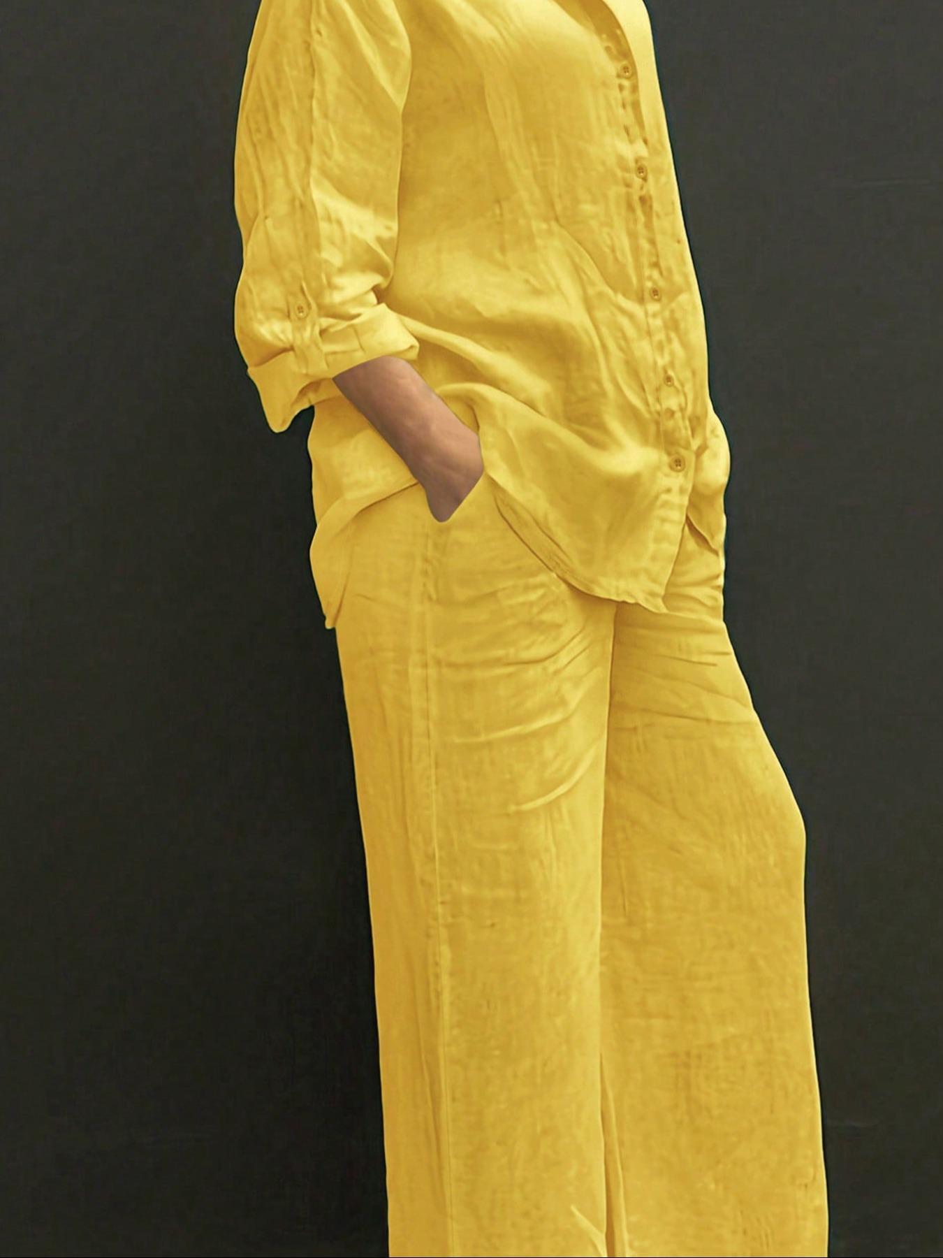 Spring Summer Fall Polo Neck Casual Cardigan Set, Slimming Pure Color Elegant Shirt Top, Vacation Commute Comfort Soft Fabric Pants Two-Piece Suit