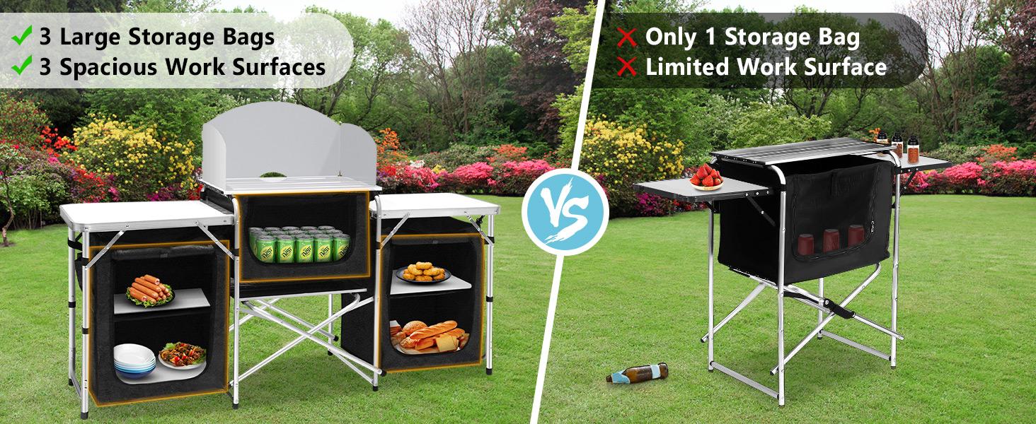 Slendor Camping Kitchen Table Foldable Camp Table with Windscreen 3 Storage Cupboards Multifunctional Portable for BBQ Party Picnics Outdoor Activities