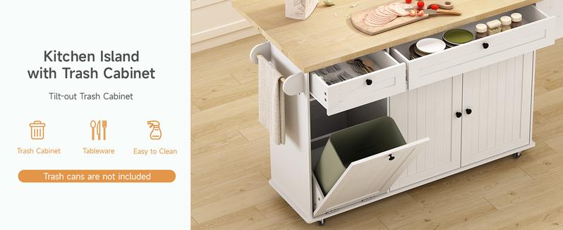 【Valentine's Day gift】ONBRILL 60" Kitchen Island with Power Outlet & Drop Leaf, Kitchen Rolling Island with Spice Rack & Towel Rack, Knife Holder, Kitchen Island Cart with Trash Storage Cabinet, Mobile Island Table for Kitchen