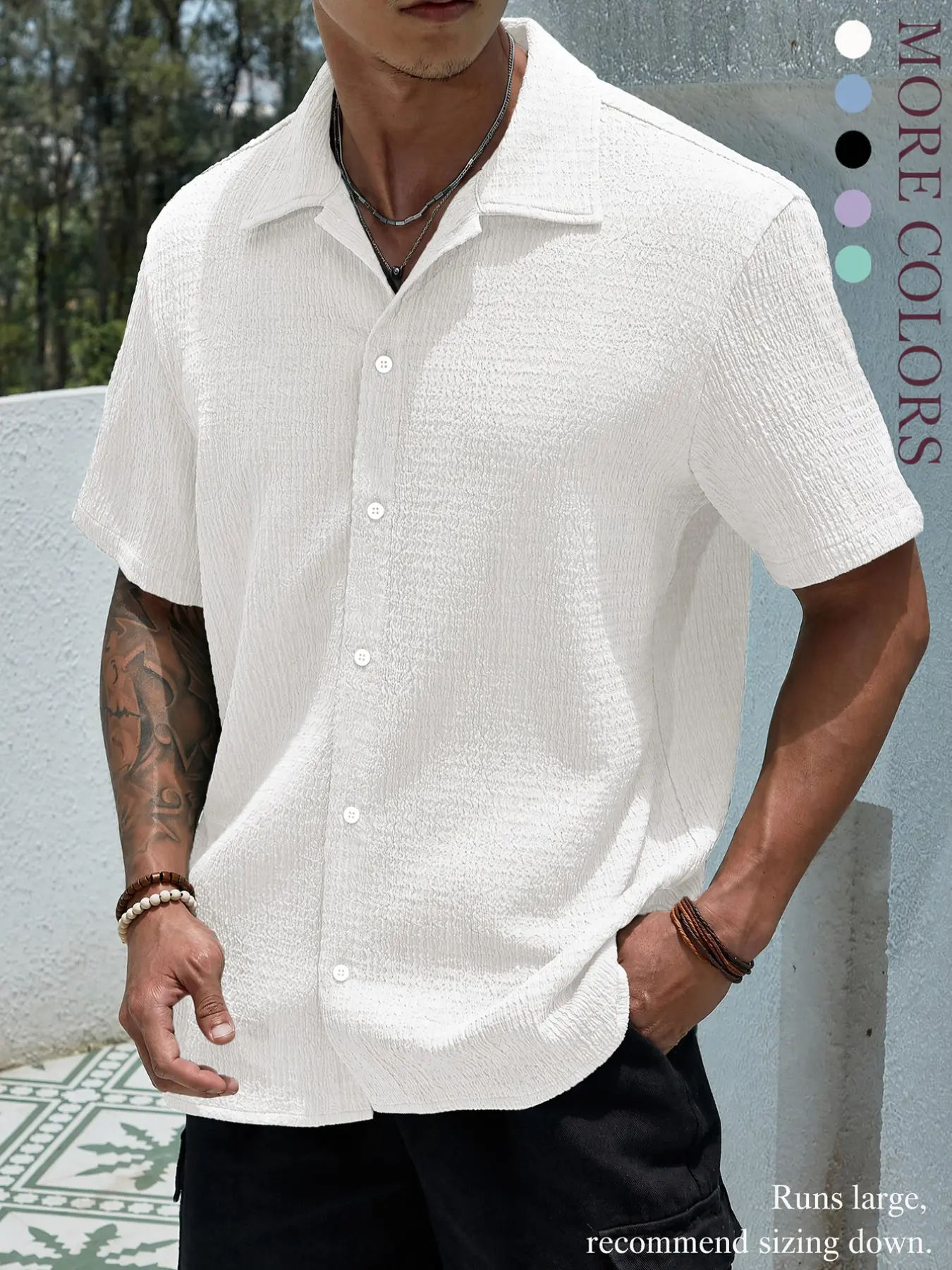Men's Textured Button Front Shirt, Casual Long Sleeve Top, Summer Wear, Daily Male Clothing, National Day, 2026 Seasonal Style