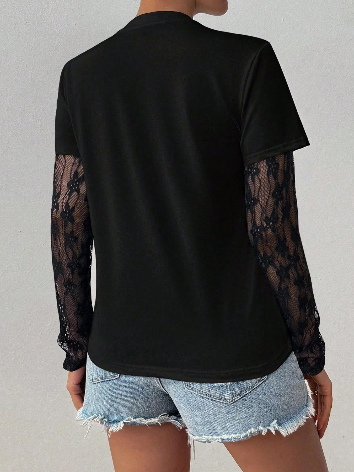 Women's See-Through Lace Sleeve Solid Color Round Neck Long Sleeve Fitted Casual T-Shirt Spring Fall Cloth For Women
