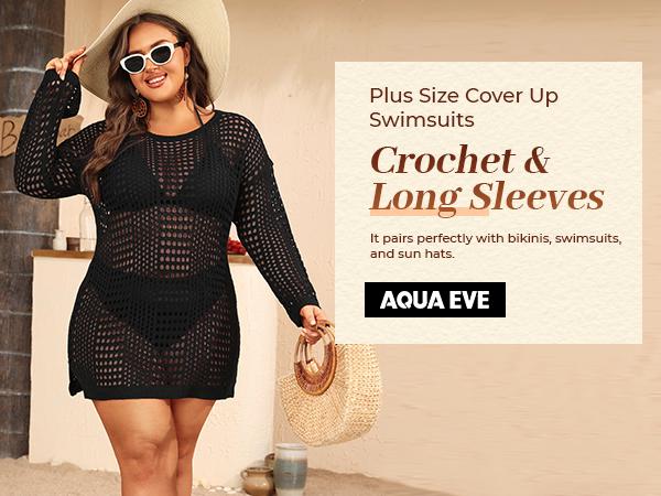 Aqua Eve Women's Plus Size Swimsuit Cover Up - Crochet Bathing Suit Coverups Long Sleeve Swimwear Beach Dress Aqua Eve Women's Plus Size Swimsuit Cover Up - Crochet Bathing Suit Coverups Long Sleeve Swimwear Beach Dress
