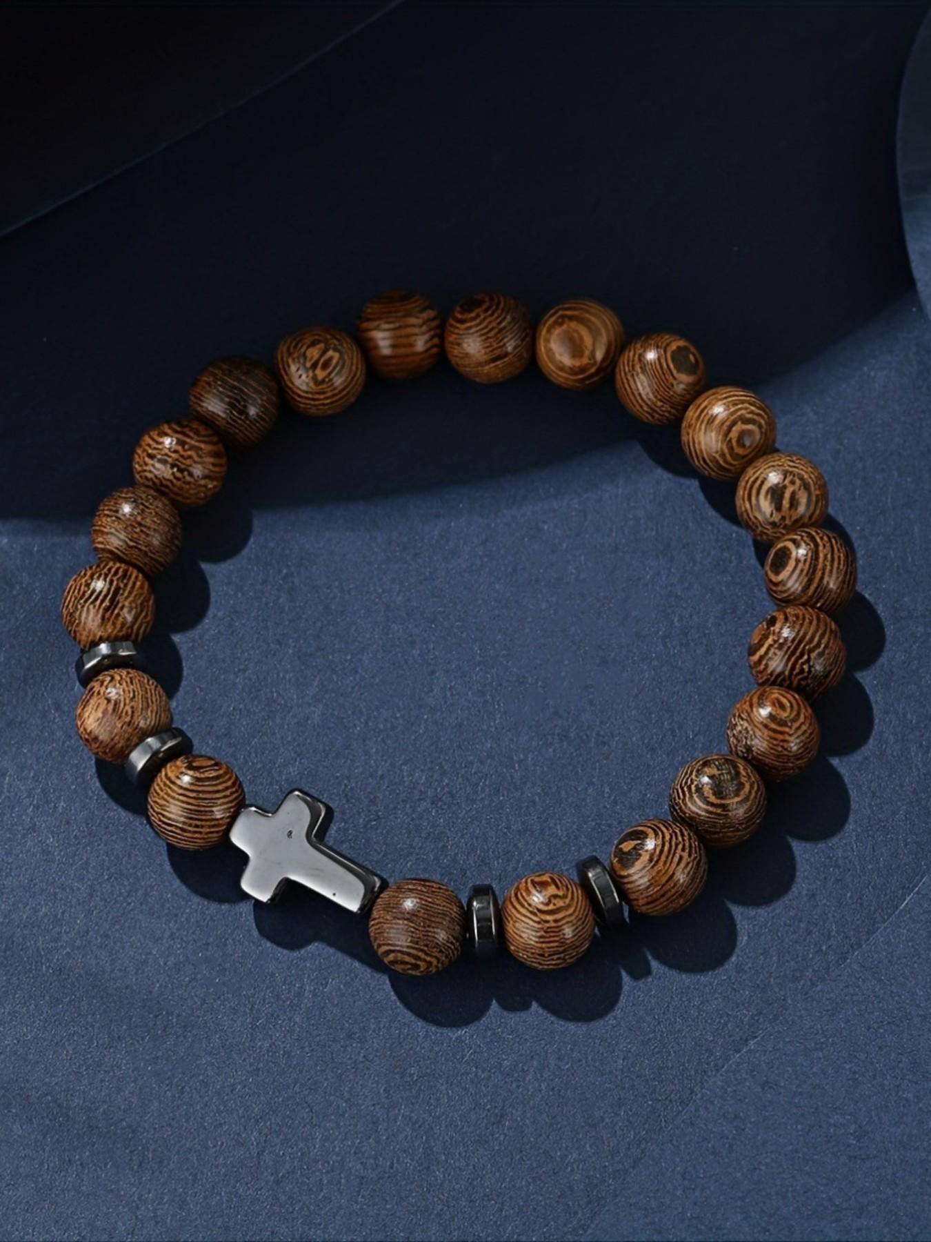Cross Beaded Bracelet for Men, Wood Grain Design, New Arrival Bestseller Jewelry, Trendy Accessory for Men