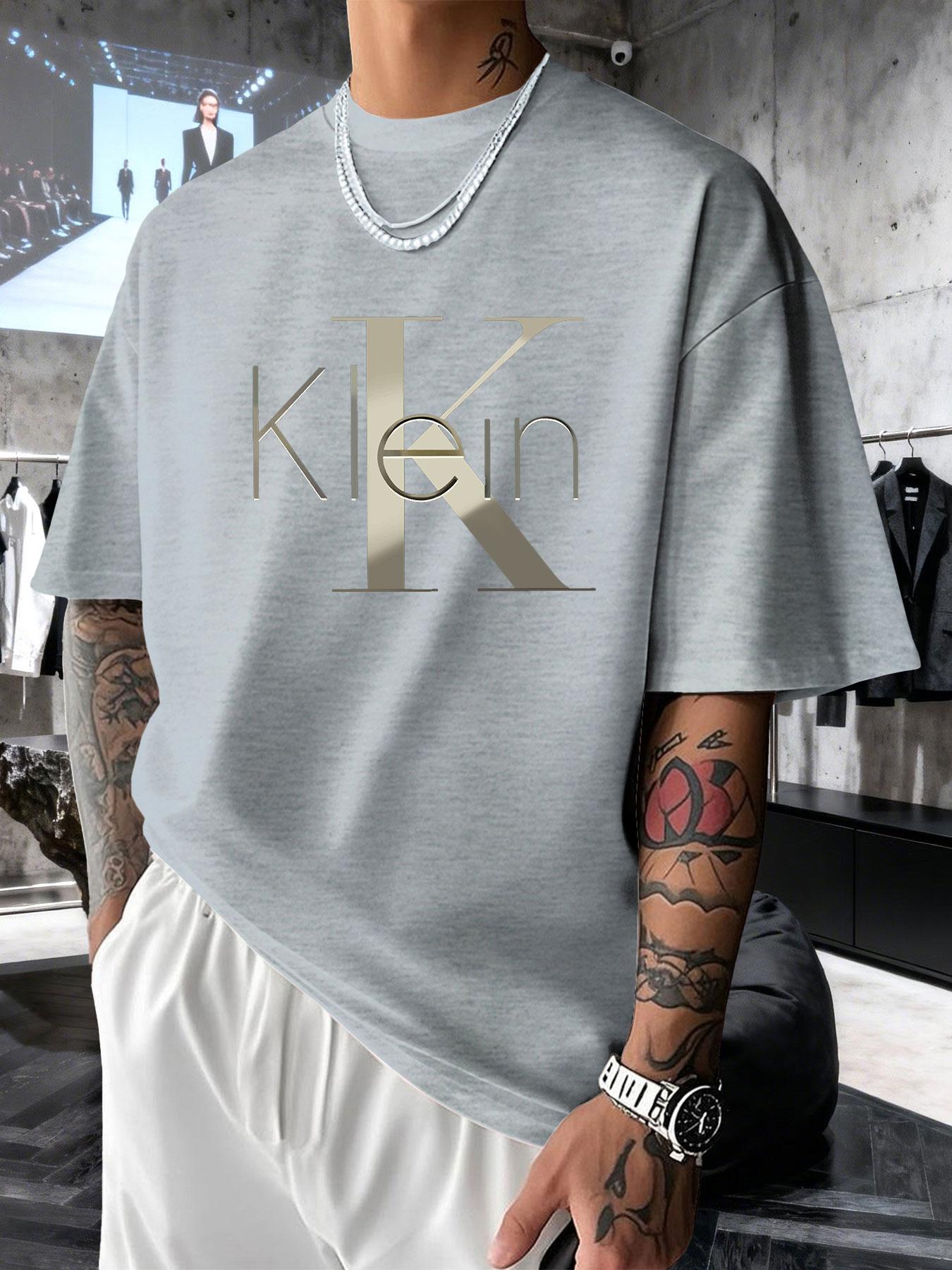 Men's Short Sleeve T-Shirt Summer Gold Embossed Klein Letter Print, Casual Loose-Fitting Long Top, All Seasons Business Fashion