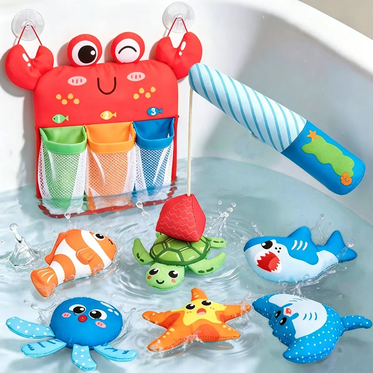Bath Toys for Kids 6M+ - Cute Soft Magnetic Fishing Toys with Color Sorting Mesh, Mold Free Bathtub Shower Water Toy Toddler Educational Learning Bath Toys for 1 Year Old Boy Girl Gifts