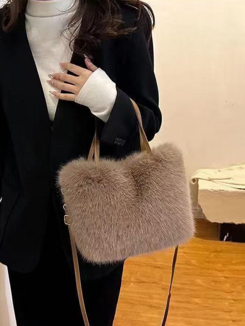 Fashionable Imitation Fur Small Casual Trendy Handbag with Grip Handle and Shoulder Strap, Stylish Design, Multiple Color Options, Perfect Daily Accessory