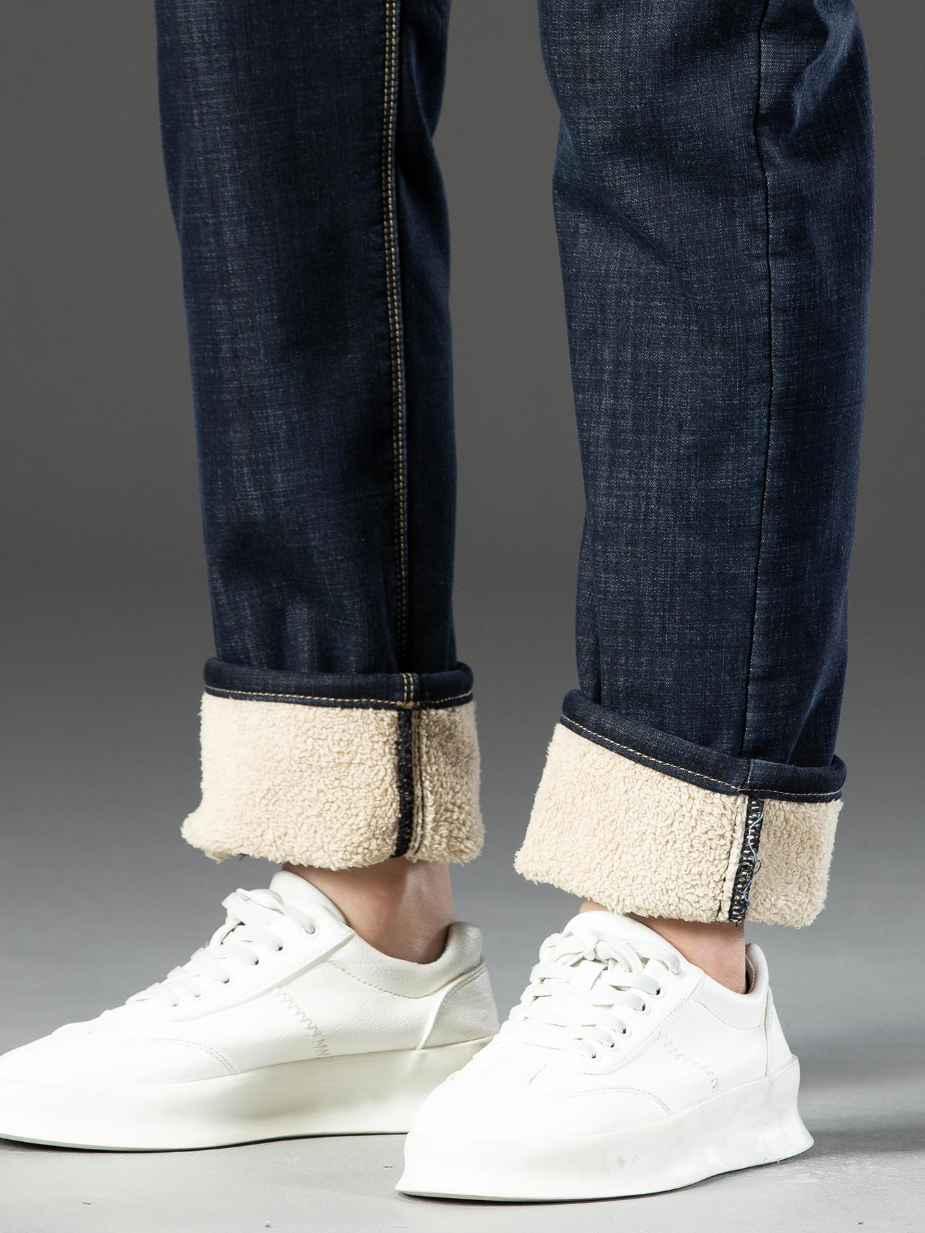 Men's Fleece Lined Denim Jeans, Winter Loose Straight Leg Warm Casual Pants, Thickened Thermal Comfortable Men's Clothing