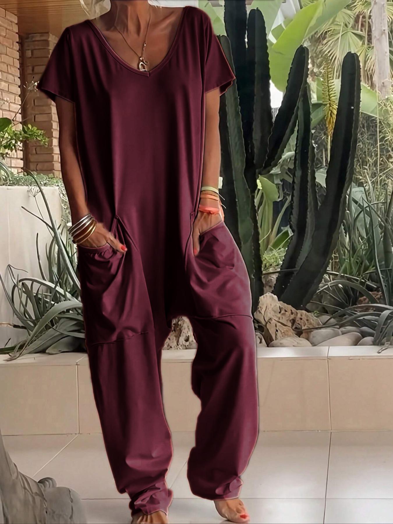 2026 Women's Casual Organic Material Wide-Leg Jumpsuit, Loose Batwing Short-Sleeve V-Neck Harem Jumpsuit, Perfect for All Seasons, Stylish & Comfortable Clothes