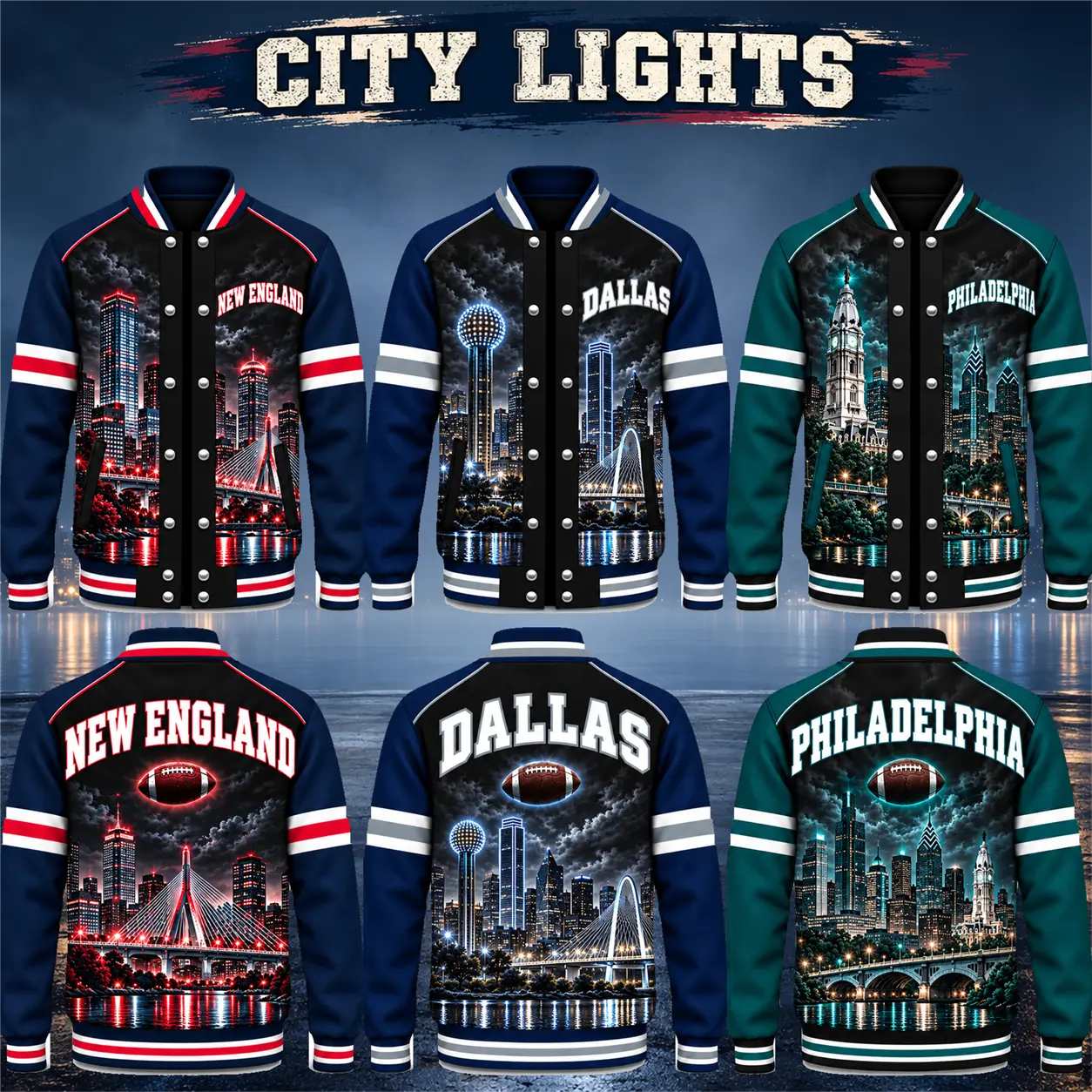 Night City Skyline Neon Lights Glowing Football Graphic Baseball Varsity Jacket, Urban Nightscape Button Front Ribbed Trim Colorblock Coat, Double Sided Print Streetwear, Oversized Relaxed Warm Casual Unisex Outerwear for Men Women, Sport Fan Gift