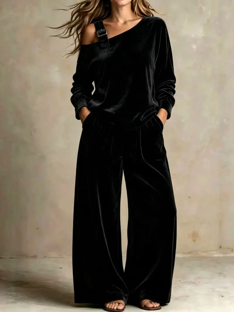 Women's velvet one-shoulder top and pants two-piece set - image 5