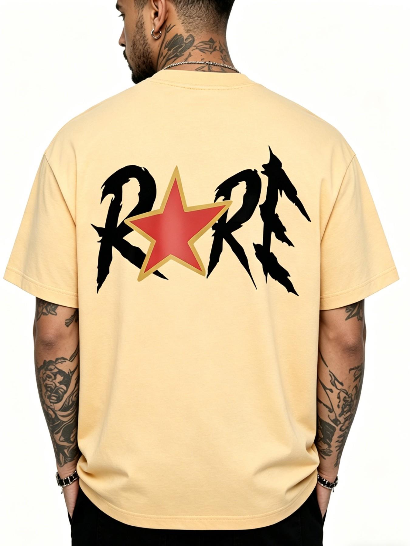 Men's Rare Star Print Cotton T-Shirt, Casual Loose-Fit Short Sleeve, Streetwear Fashion, Long Length, No Zipper or Button, Letters Pattern