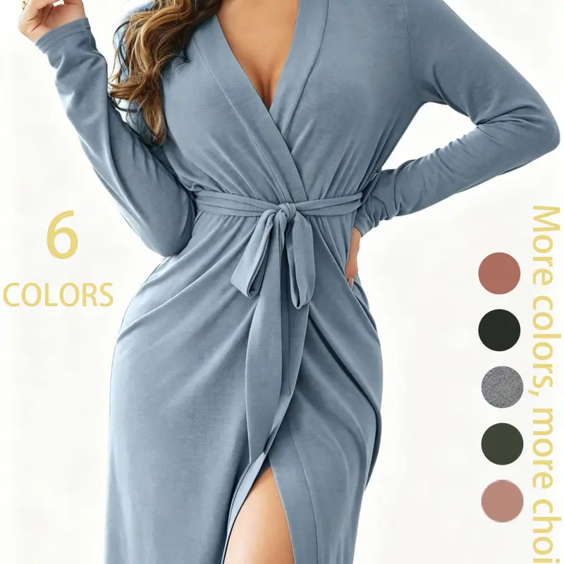 Women's Four-Season Plain Tie Front Milk Silk Long Sleeve Casual Loungewear Robe, Comfortable Fitted Sleepwear, Unlined Lightweight Design