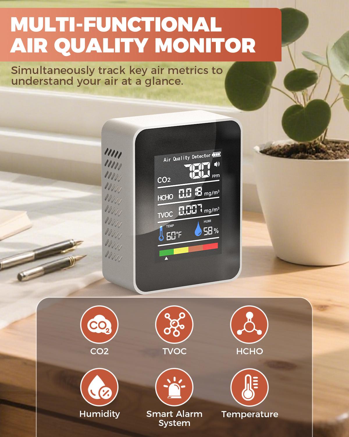 1 Unit Air Quality Monitor 5-in-1 Carbon Dioxide Meter with CO2 ,HCHO, TVOC, Temperature & Humidity Tester for Home,Travel,Grow Room,Office,Car 1 Unit Air Quality Monitor 5-in-1 Carbon Dioxide Meter with CO2 ,HCHO, TVOC, Temperature & Humidity Tester for Home,Travel,Grow Room,Office,Car