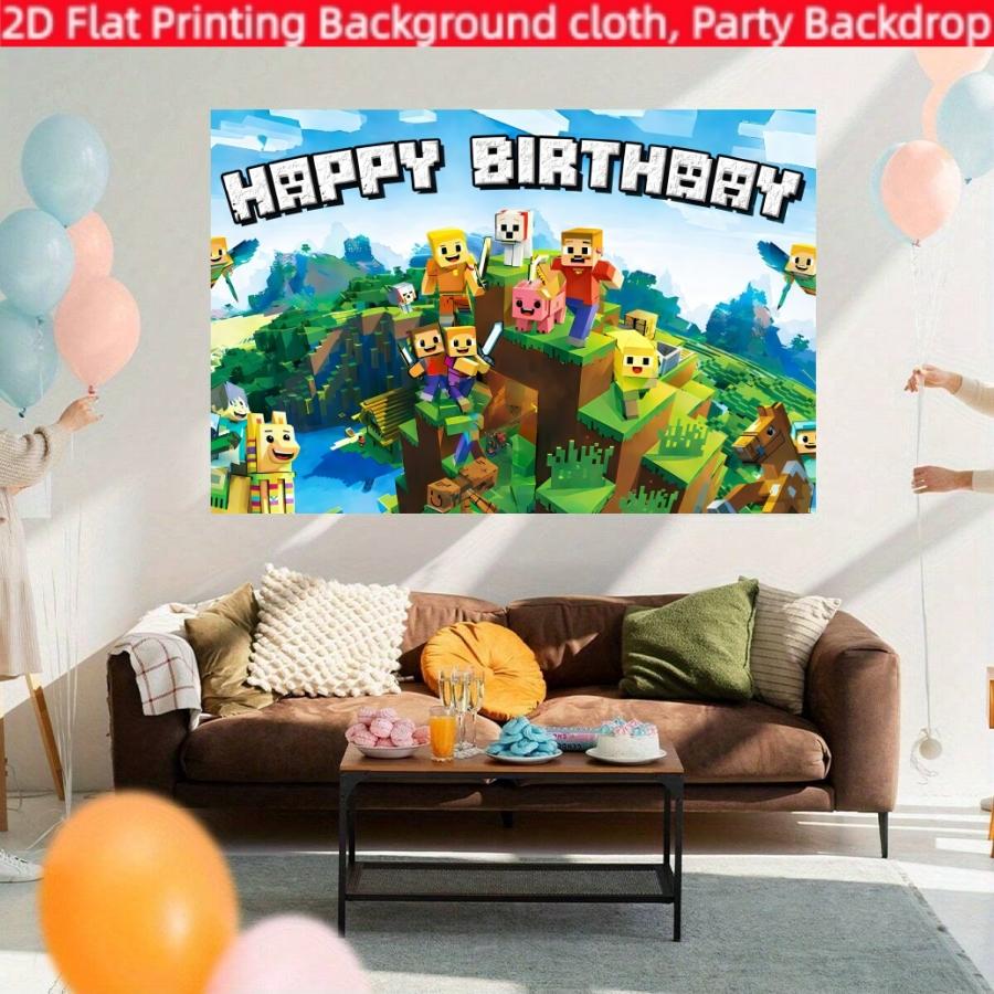 Pixel game birthday party background banner, happy birthday decoration, polyester material, suitable for birthday party decoration, stage and room decoration, home decoration, holiday party supplies, photo booth background, indoor/outdoor decoration