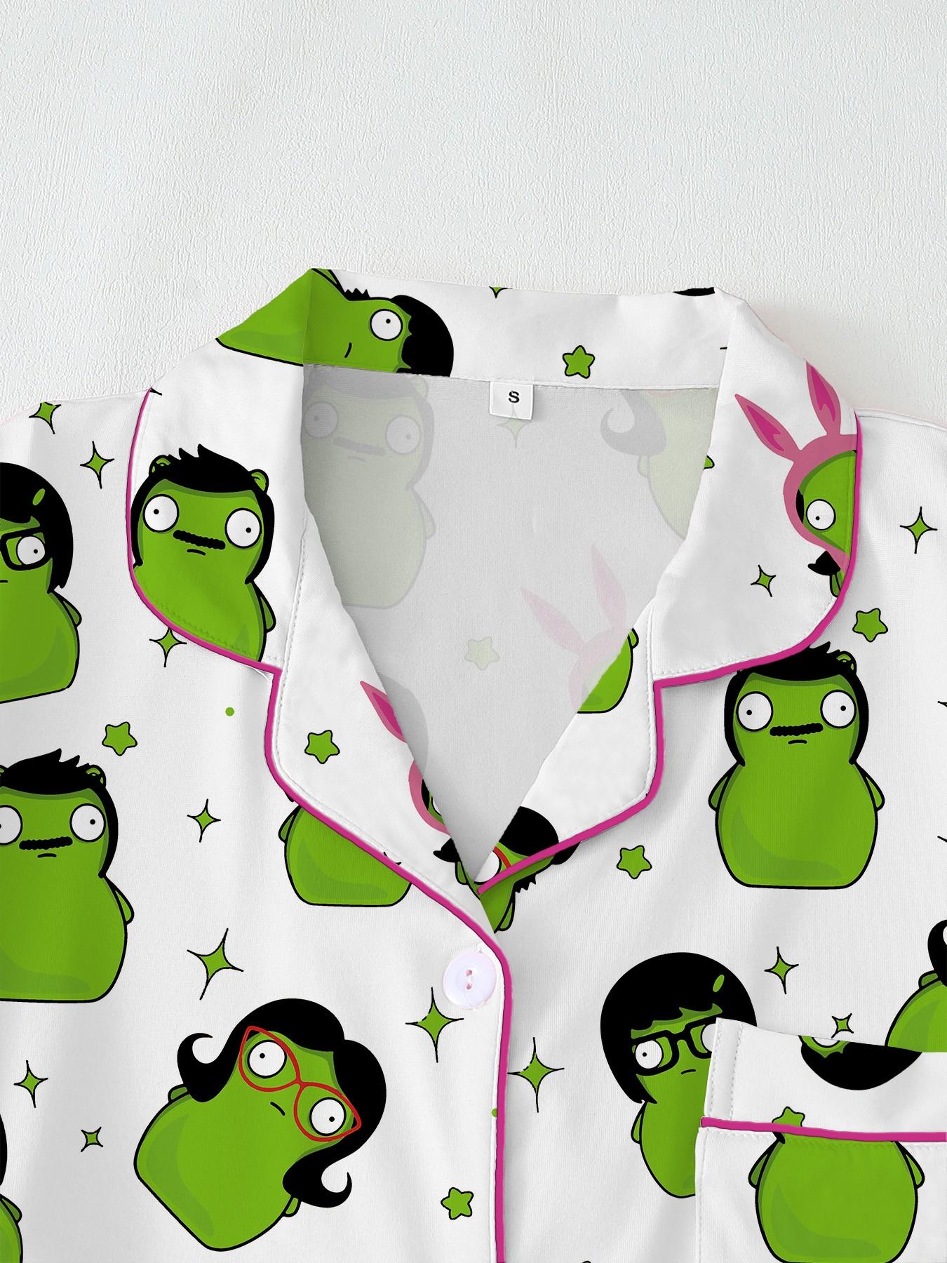 Adorable Cartoon Alien Print Women's Pajama Set Loungewear Pajamas, Comfortable Wear-Home Two-Piece, Short Sleeve Button-Up Top & Elastic Shorts, Casual Homewear Loungewear Nightwear Pjs Pyjamas Gift