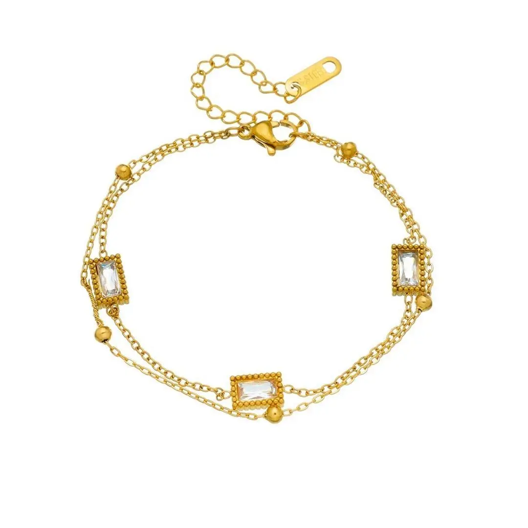 Punk Fashion Zirconia Square Charm Bracelet Female Gold Color Stainless Steel Double Layer Chain Link Bracelet for Woman Jewelry