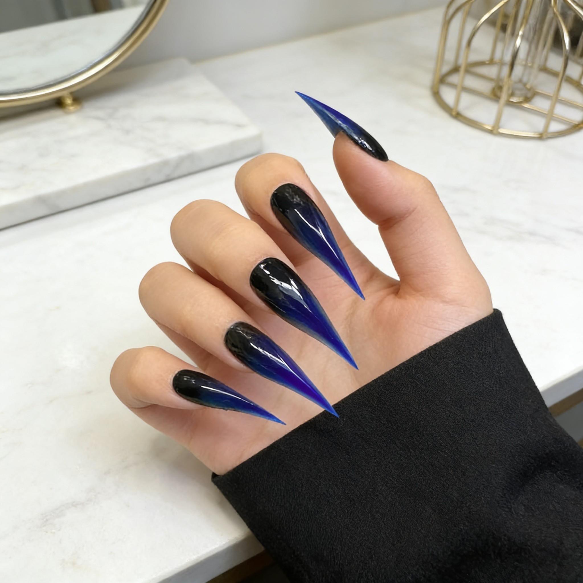 Handmade False Nails, Acrylic False Nails, Cat Claw Shape, Blue Gradient, Glossy Finish, Long Nails, Versatile Nail Art Stickers, Single Item Pack