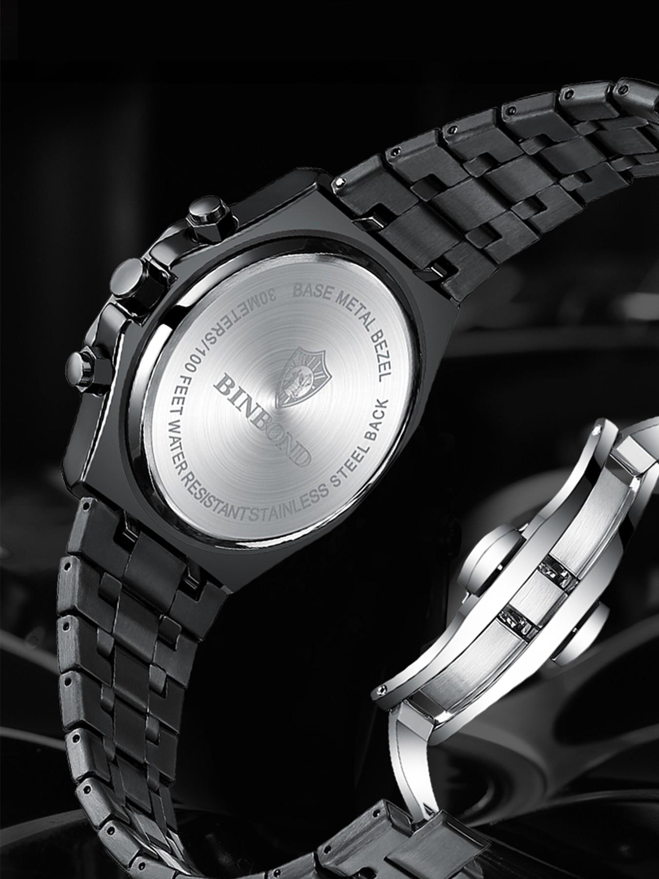 BINBOND Top Brand BO161 Men's Casual Watch Luminous Stainless Steel, Waterproof Men's Date Calendar Clock, Casual Business Round Dial Quartz Watch for Men, Fashion Stainless Steel Watches for Parties and Daily Wear, Versatile with Box