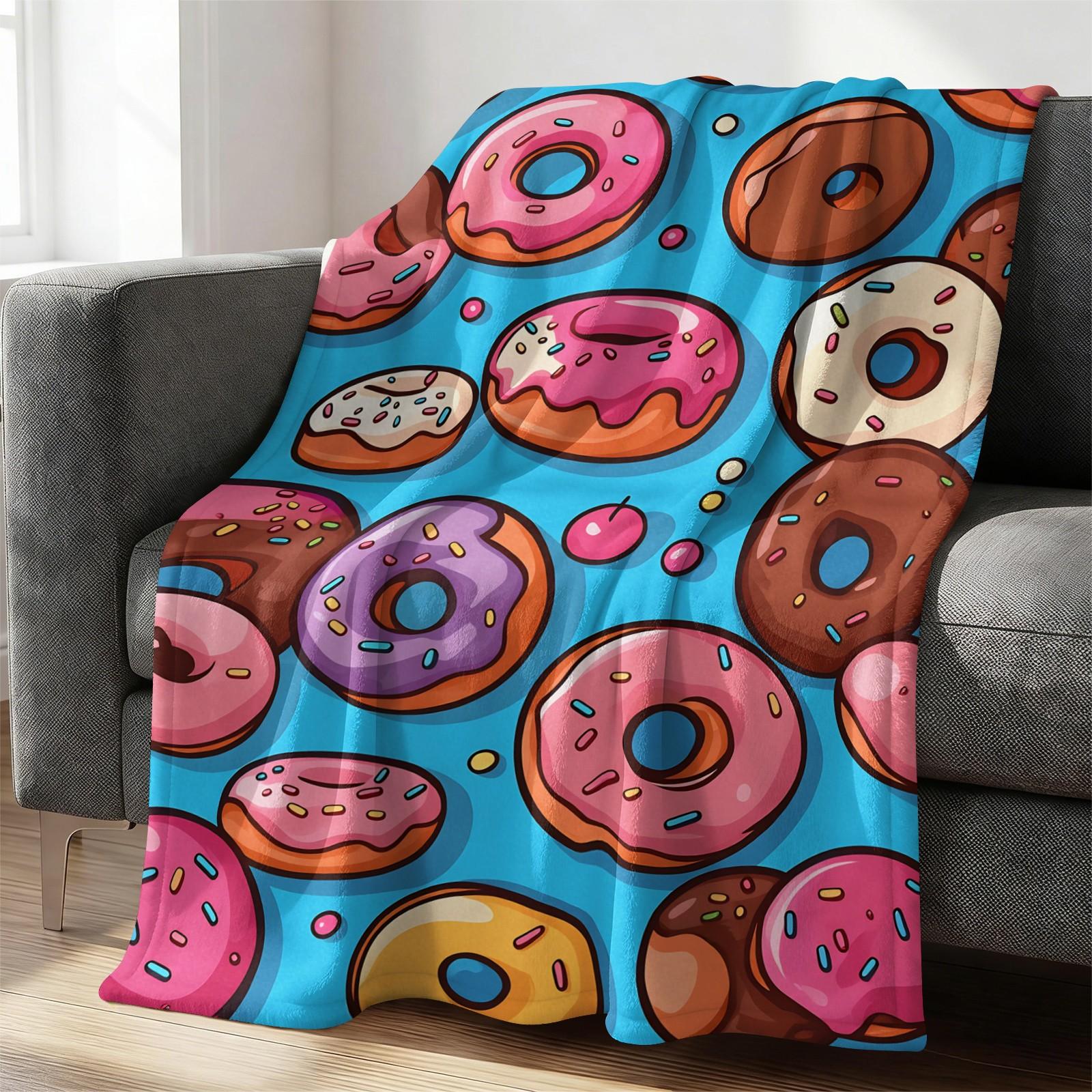 Colorful Donut Print Flannel Throw Blanket, Soft Warm Cozy Fleece Blanket for Couch Bed Sofa, Cute Cartoon Doughnut Decorative Blanket, All Season Plush Blanket, Perfect Gift Blanket for Home Decor, Travel, Nap, All Ages