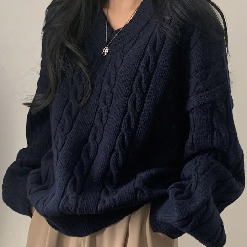 Women's Casual Loose Knit Sweater Top, Simple V Neck Design, Vintage Style, Perfect for Fall & Winter, Ladies Fashion Clothing, Knitwear