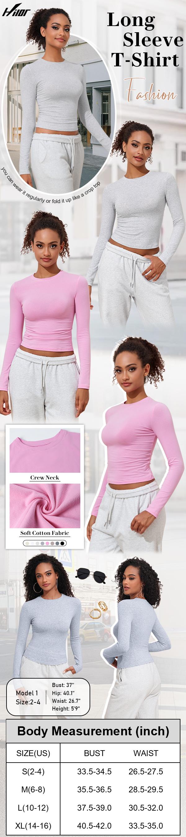 Hilor Women's Long Sleeve T Shirts Crew Neck Tight Fitted Tee Tops Basic Going Out Tops Crop Y2K Clothes