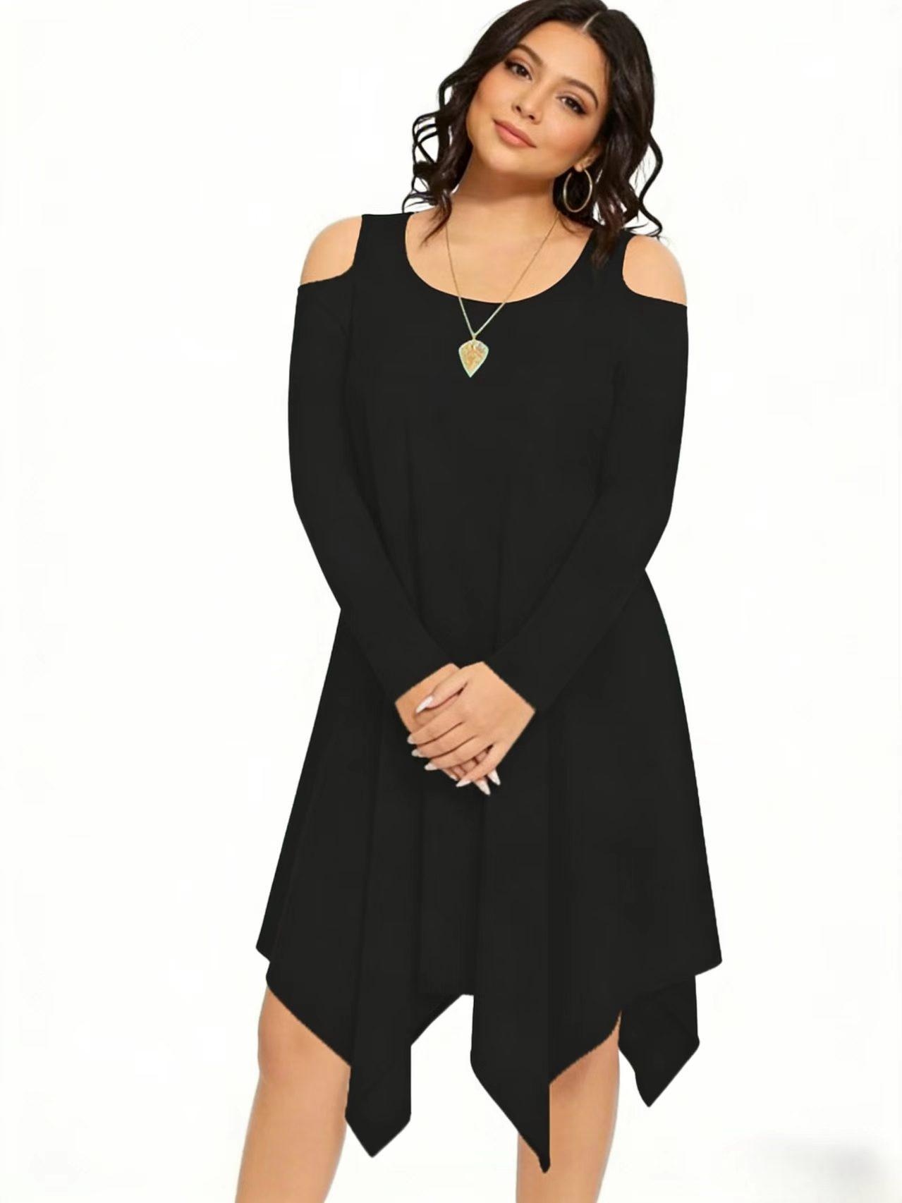 Fashion Plain Shoulder-Exposed Long Sleeve Dress, Elegant Casual Wear, Perfect for Spring & Fall, Women's Stylish Clothing