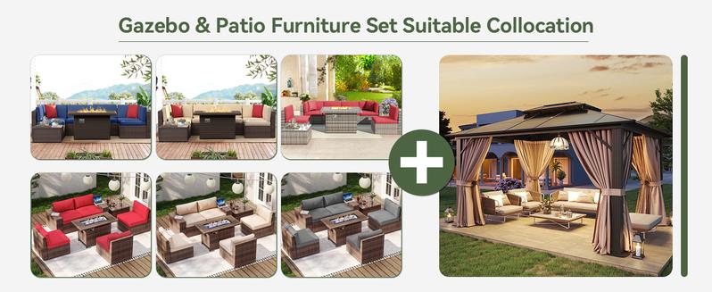 【2 Packages Shipping】Aoxun 10'x12' Hardtop Gazebo, Aluminum Frame Permanent Pavilion with Curtains and Netting, Outdoor Polycarbonate Gazebo, Double Roof Canopy, for Gardens, Patios, Lawns