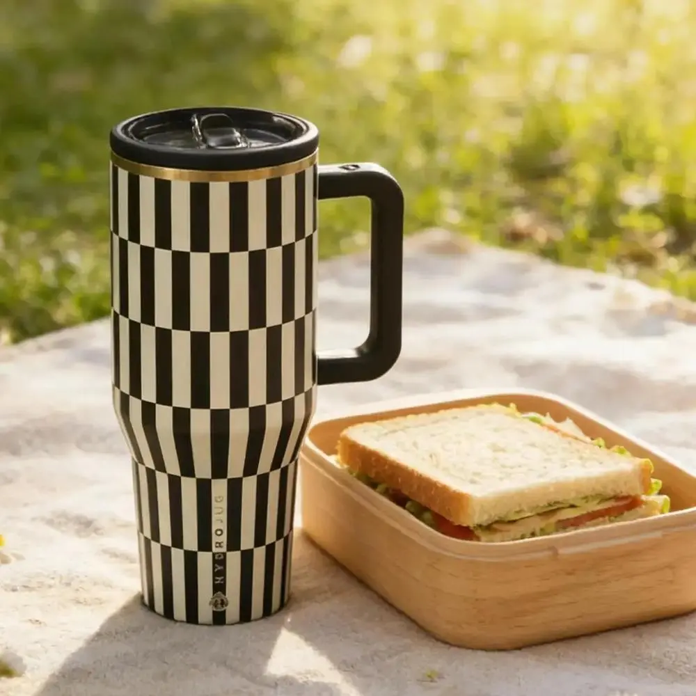 HydroJug 32oz Black & White Checkerboard Water Bottle - Stylish Portable Insulated Vacuum Flask, Leakproof Thermal Tumbler, Easy-Clean, Large Capacity, Retro Modern, Durable Travel Mug with Straw for Commute, Gifting (Mother's/Father's Day)
