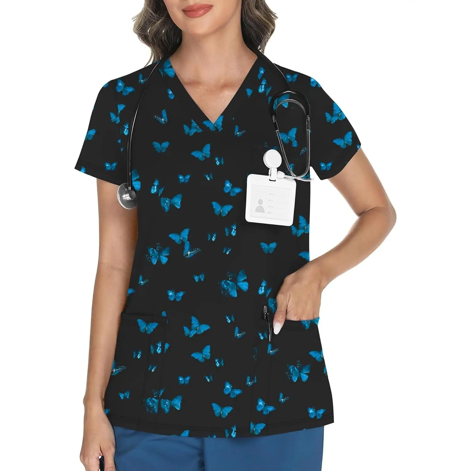 Women's V Neck Printed Scrub Top with 3 Pockets | Soft Knit Strectchy Scrub Shirts, Short Sleeve Pattern Cartoon Fun Scrubs Nurse Uniform