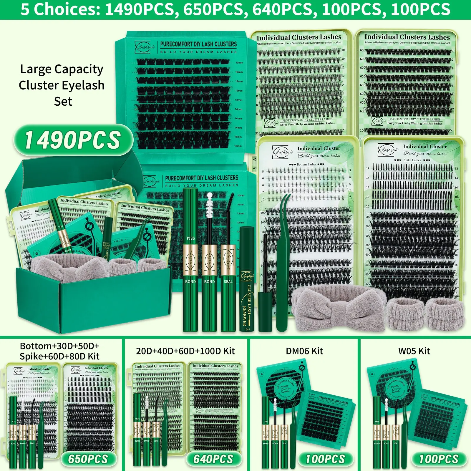 Multiple options: 1490/650/640/100/100 Pcs Eyelash Cluster Kit, D Curl Mixed 5-20mm 11 Styles Bottom/Spike/Wispy/Volume Lashes, Kit with Bond&Seal Remover Tweezers Headband&Wristband, DIY at Home Easily, for Makeup Daily, Eyelash Clusters Wispy
