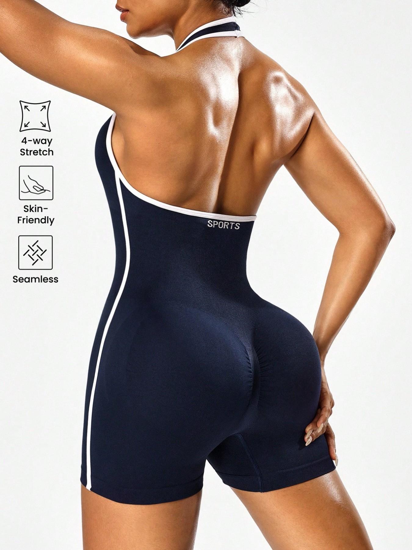 Women's Sporty Jumpsuit Shorts, Backless Hollow Design, Sexy Breathable Shorts, Perfect for Gym Outdoor Sports, Daily Wear, Sports Jumpsuits