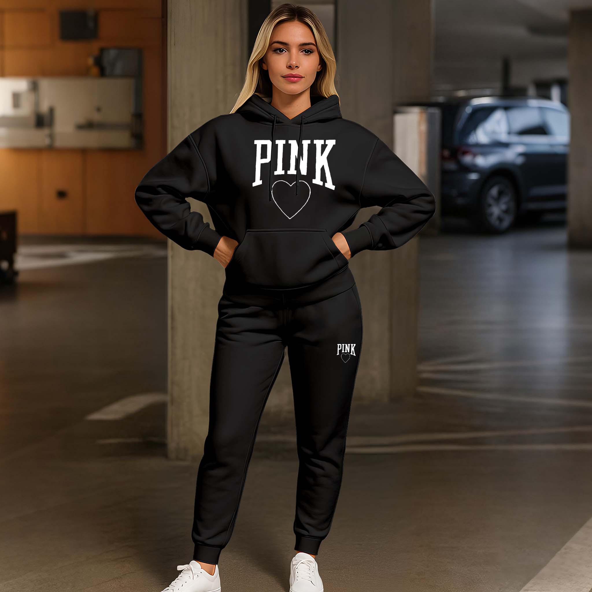 Women’s Cute Pink Heart Print Hoodie and Drawstring Sweatpants Set, Adorable Two-Piece Athleisure Outfit, Long Sleeve Hooded Jacket & Pants, Cozy Fall Winter Indoor Outdoor Casual Wear Women’s Cute Pink Heart Print Hoodie and Drawstring Sweatpants Set, Adorable Two-Piece Athleisure Outfit, Long Sleeve Hooded Jacket & Pants, Cozy Fall Winter Indoor Outdoor Casual Wear