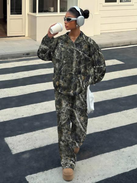Women's Casual Fall Winter Hoodie Set, Camouflage Print, Elastic Waist Pants, Loose Fit, Thick Fabric, Daily Wear