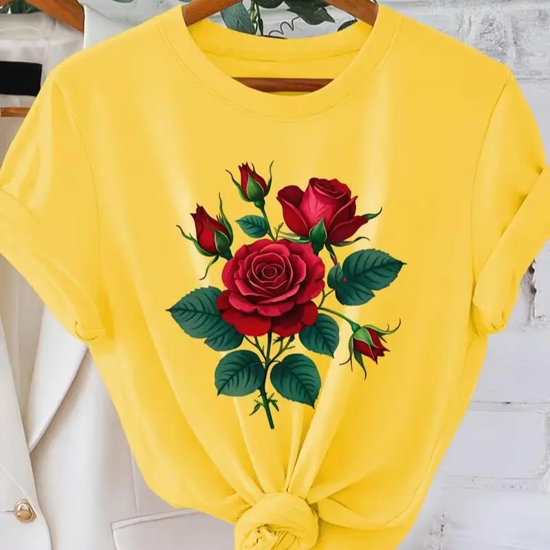 Vibrant Red Rose Bouquet Floral Graphic T-Shirt Vintage Flower Women Casual Short Sleeve Tee for Summer