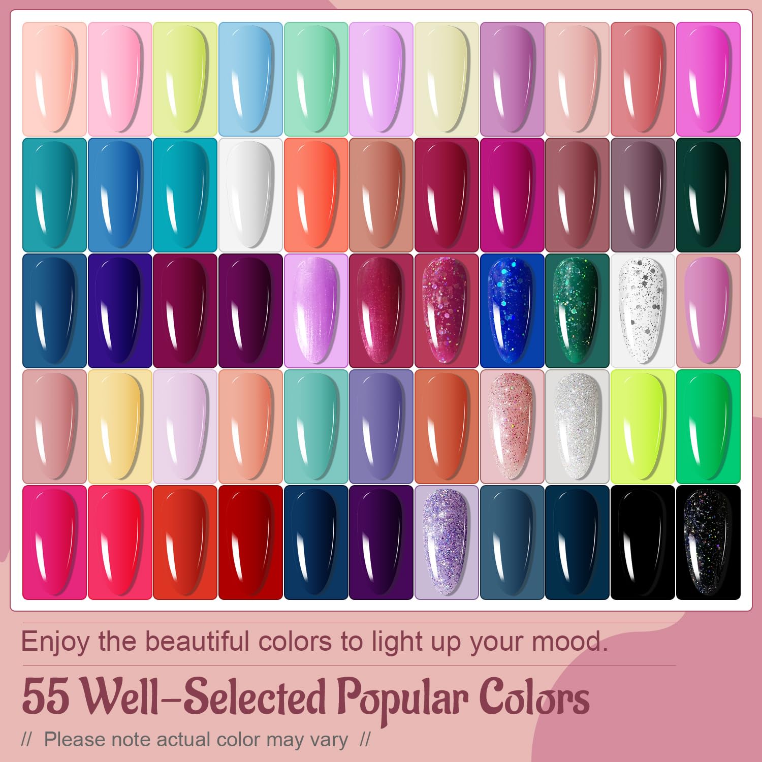 JODSONE Gel Nail Polish Kit 60 PCS with U V Light Base Top Coat 55 Shine Colors Bright and Dark Series Manicure Set