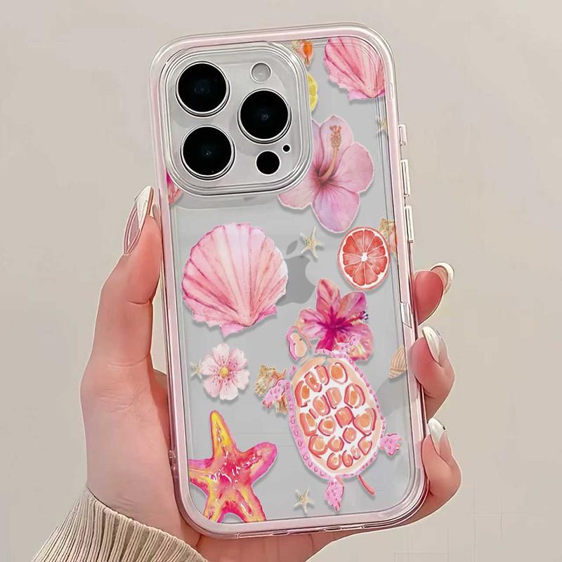 Turtle Shell Flower Pattern Phone Case, Anti-Drop Soft Tpu Cover for iPhone 11-16 Pro Max, Stylish Protective Case