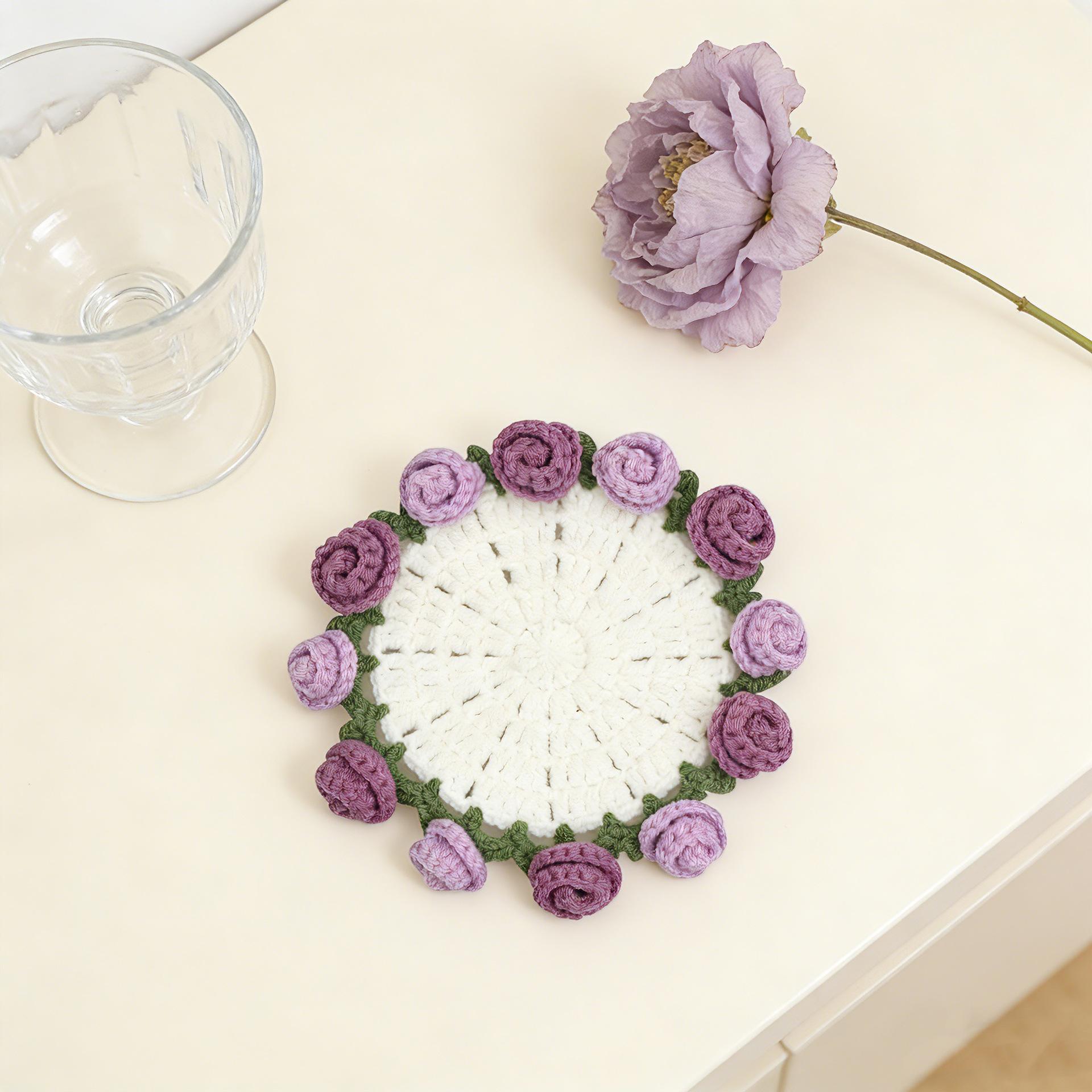 Handmade rose bouquet coasters, yarn crocheted cup holders transformed into handheld bouquets