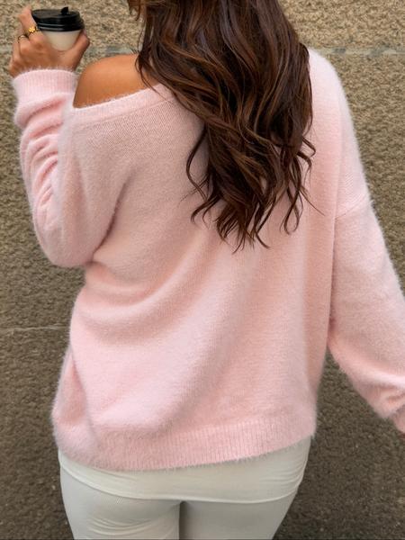 Women Off Shoulder Sweater Pink Knit Pullover Soft Fuzzy Jumper Long Sleeve Loose Fit Solid Color Casual Knitwear Elegant Fall Winter Tops Cozy Warm Chic Streetwear