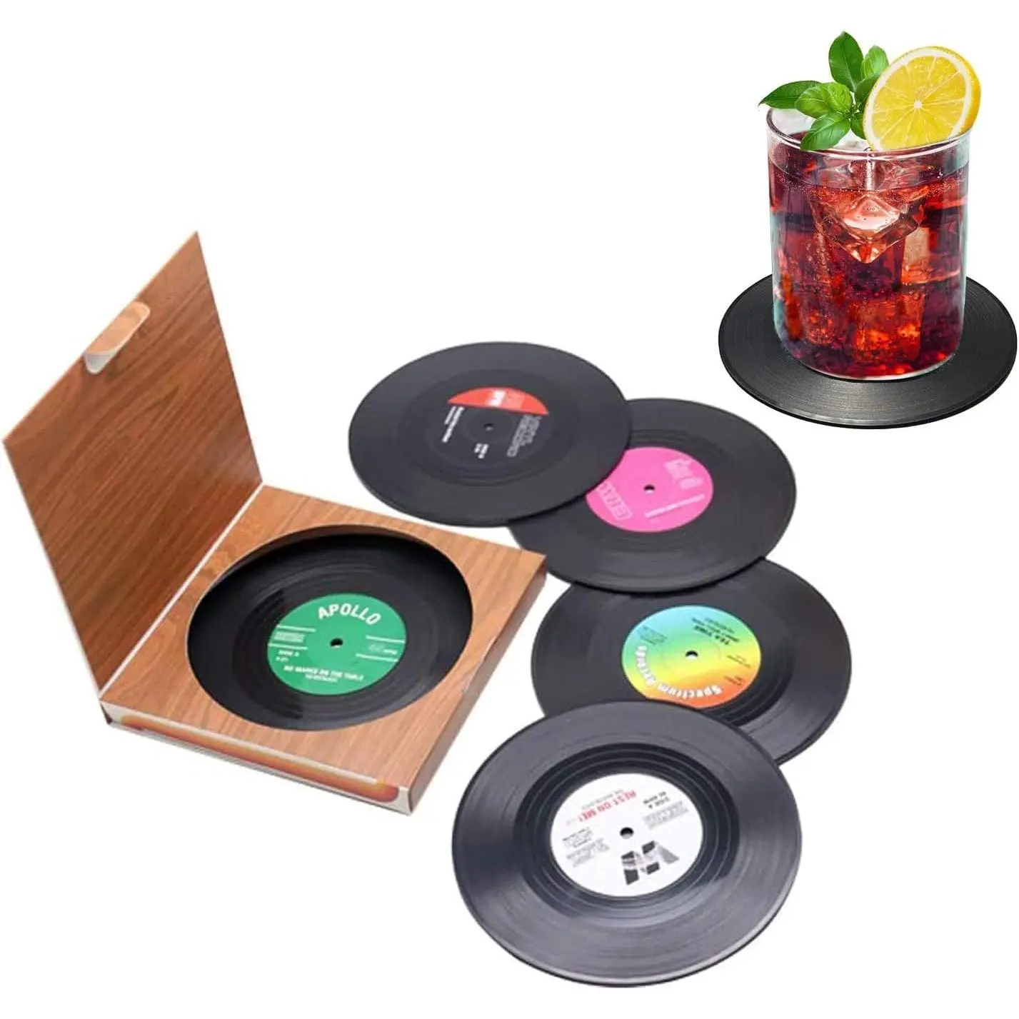 Retro Vinyl Coasters Set of 6 - Funny Record Disc Drink Coasters for Bar, Home, Restaurant, Apartment, Room Decor