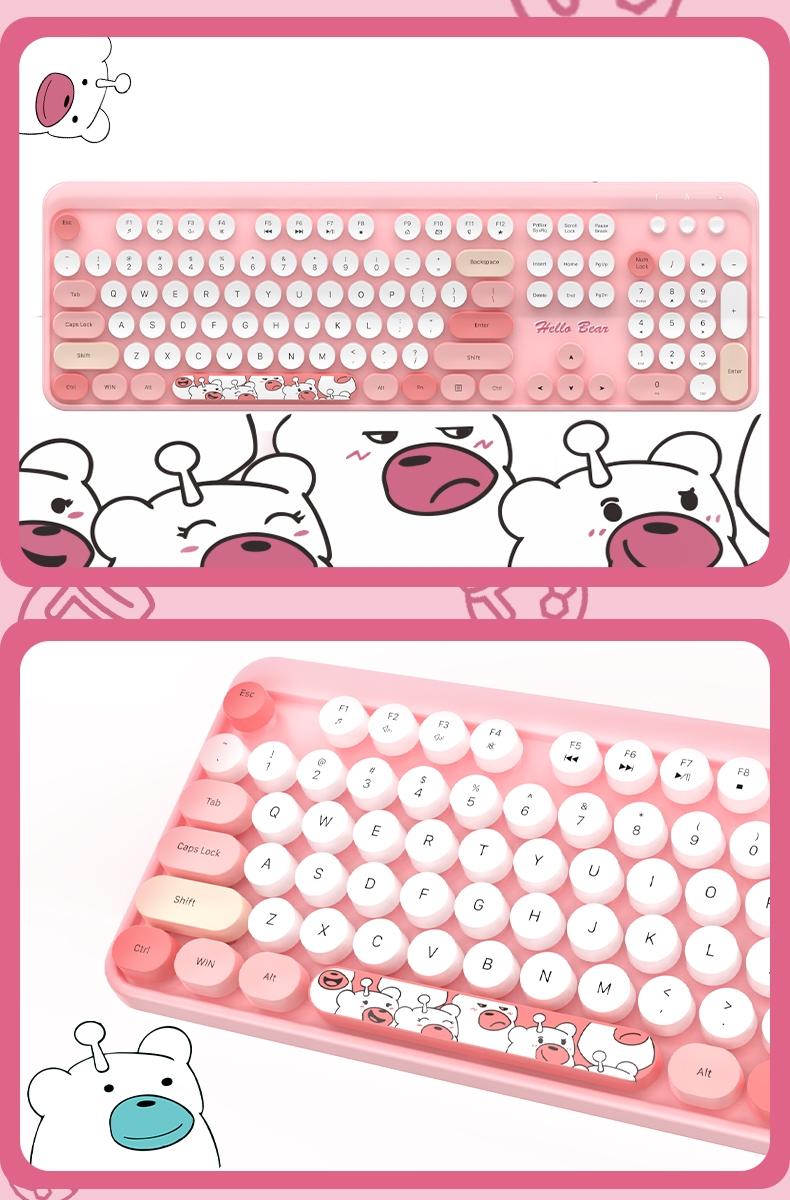 MOFii 1 Set Wireless Keyboard and Mouse Combo, Purple Cute Bear Round Keycaps, High-Appearance Office Keyboard Mouse for Girls, Universal for Laptop and Desktop, US Qwerty (Batteries Not Included)