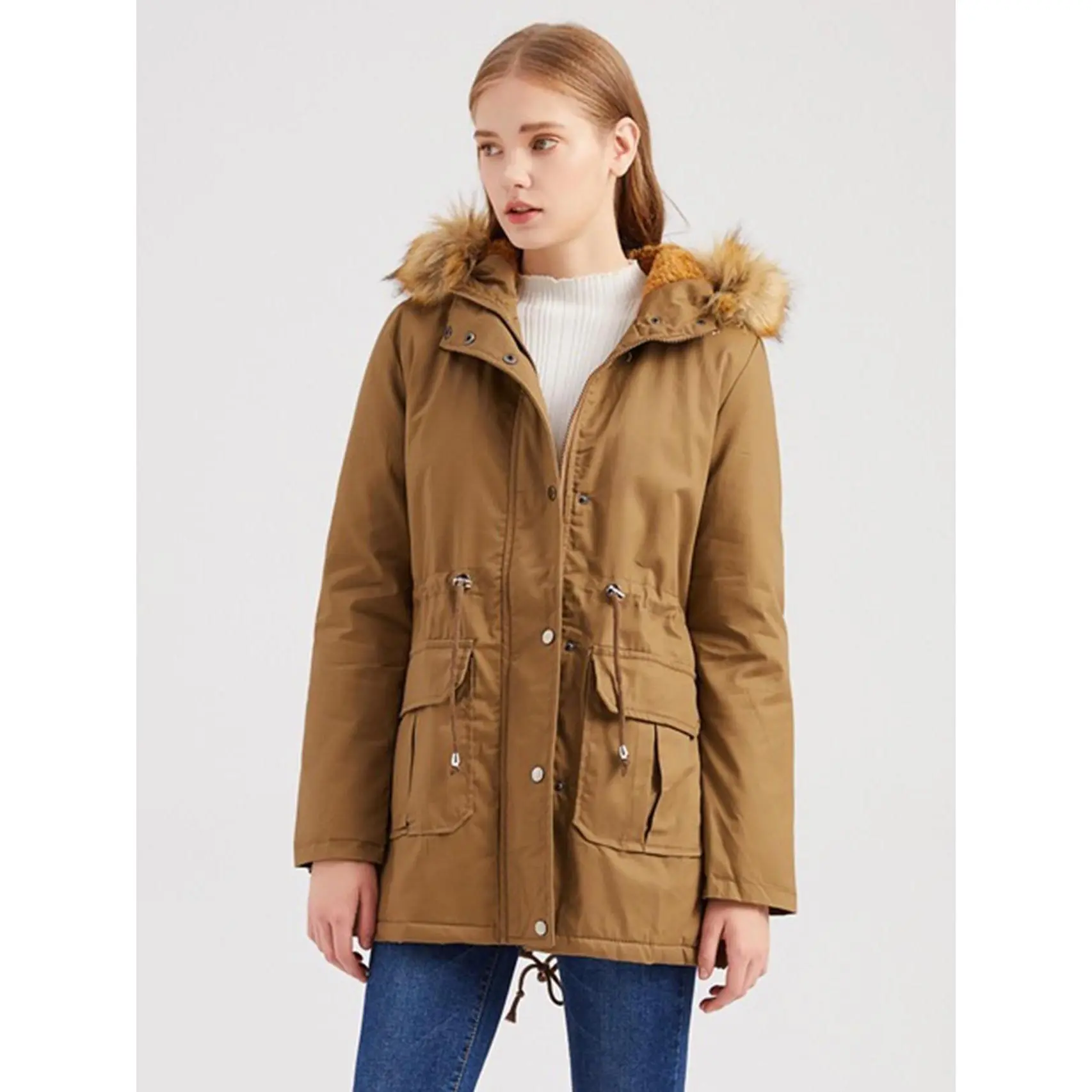 Women's Winter Long Sleeve Parka - Thick Fleece-Lined Hooded Padded Jacket with Detachable Faux Fur Collar, Solid Color Fitted Windproof Coat with Stylish Drawstring Design, Solid Color Jacket