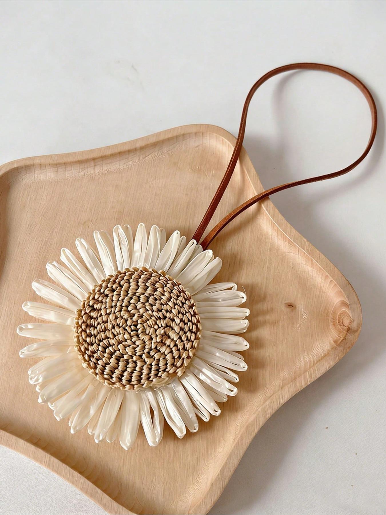 Summer bohemian resort style bag accessories, braided rattan sunflower flower designer pendant. Comes with a genuine leather strap, bohemian beach style accessory for tote bags, wallets, backpacks and keychains, elegant summer decorative pendant.
