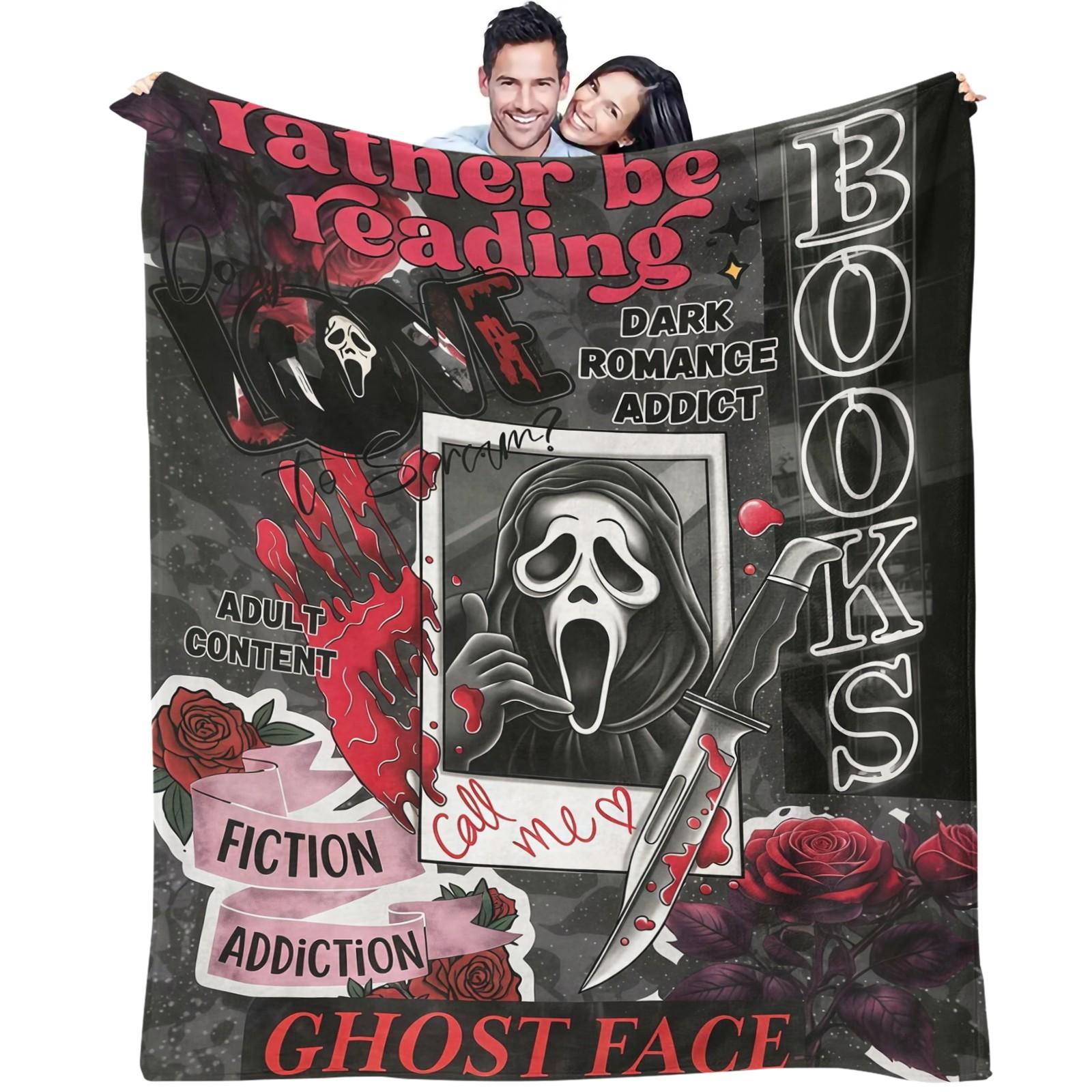Scream Ghostface Dark Romance Addict Throw Blanket, Spooky Horror Movie Book Lover Blanket, Cozy Fleece Blanket for Halloween Bedroom Sofa Decor, Perfect Gift for Movie Fans & Bookworms