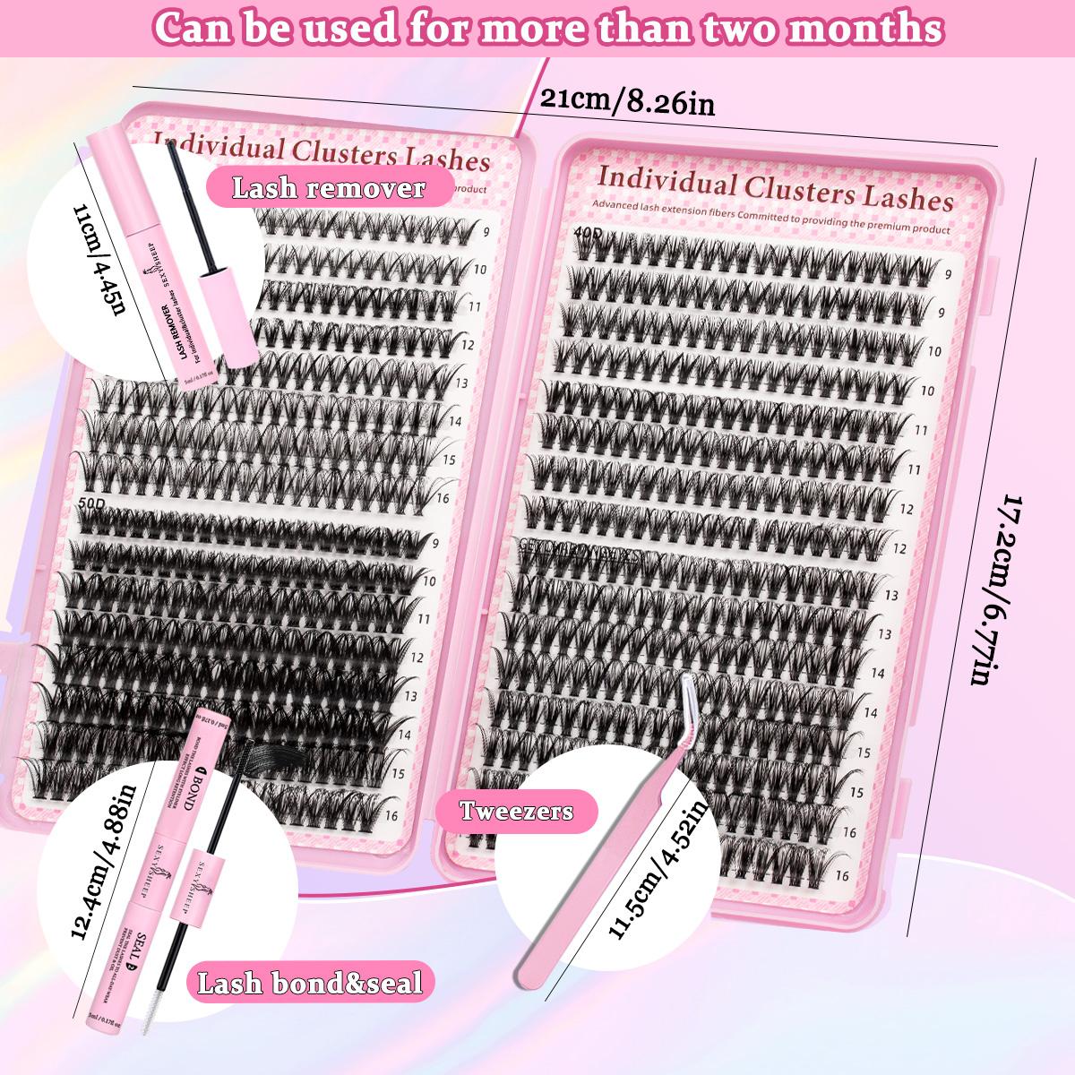 DIY Eyelash Extension Kit, Cluster Eyelash Extensions, 640 Pieces Mixed Lengths 9-16mm, Includes Bond&Seal&Remove&Eyelash Tweezers, Single Row D Curl Lashes Set