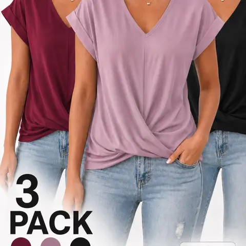 Women's Casual Elegant Summer Top Short Sleeve Twist Knot Shirts Slim Fit V Neck T Shirt Tops Soft