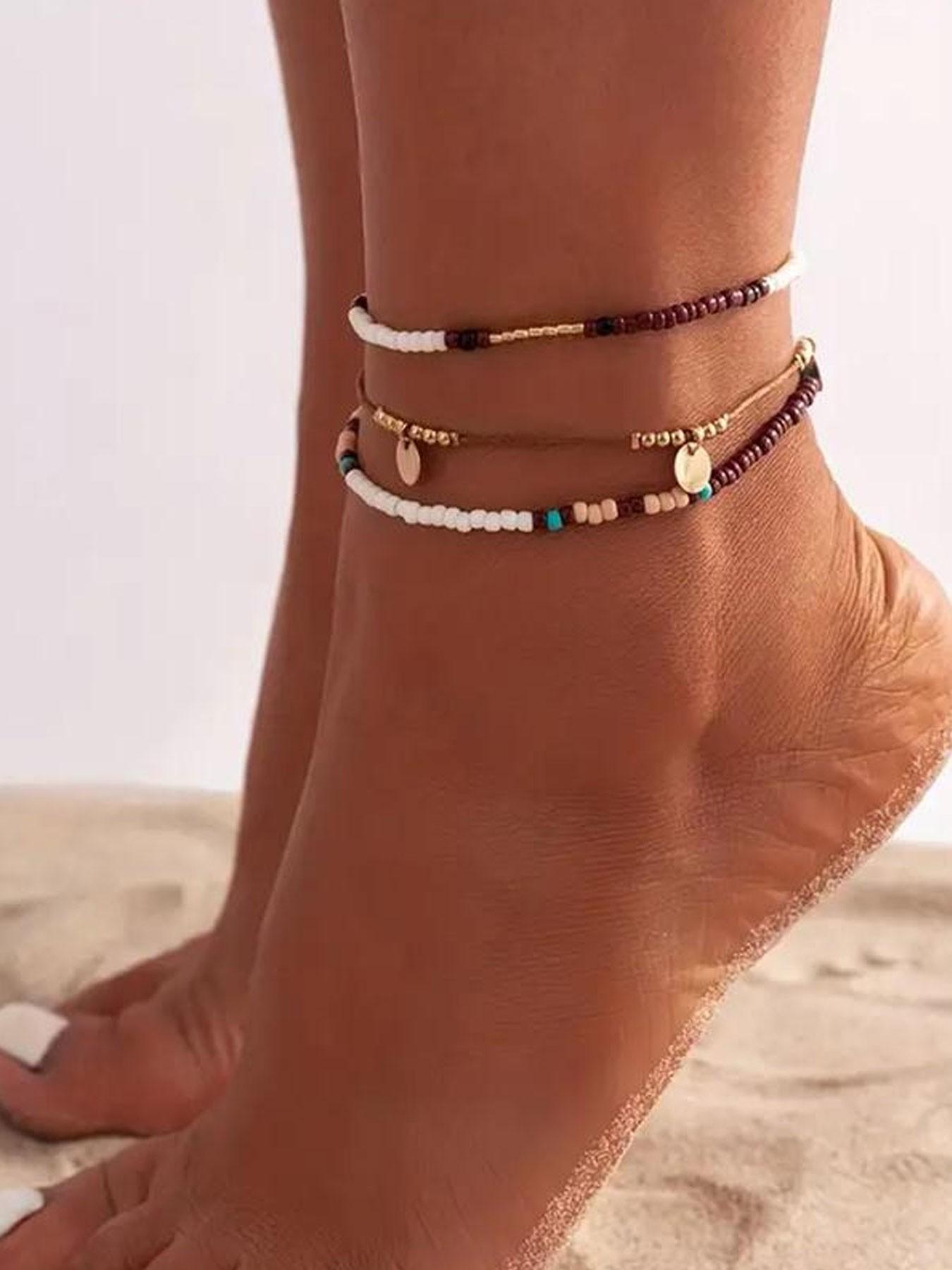 Bohemian Beaded Anklet Set (3 Pieces), Layered Anklet, Adjustable Multi-Layer Chain Ankle Bracelets for Women and Girls, Fashion Body Jewelry for Beach Party Vacation