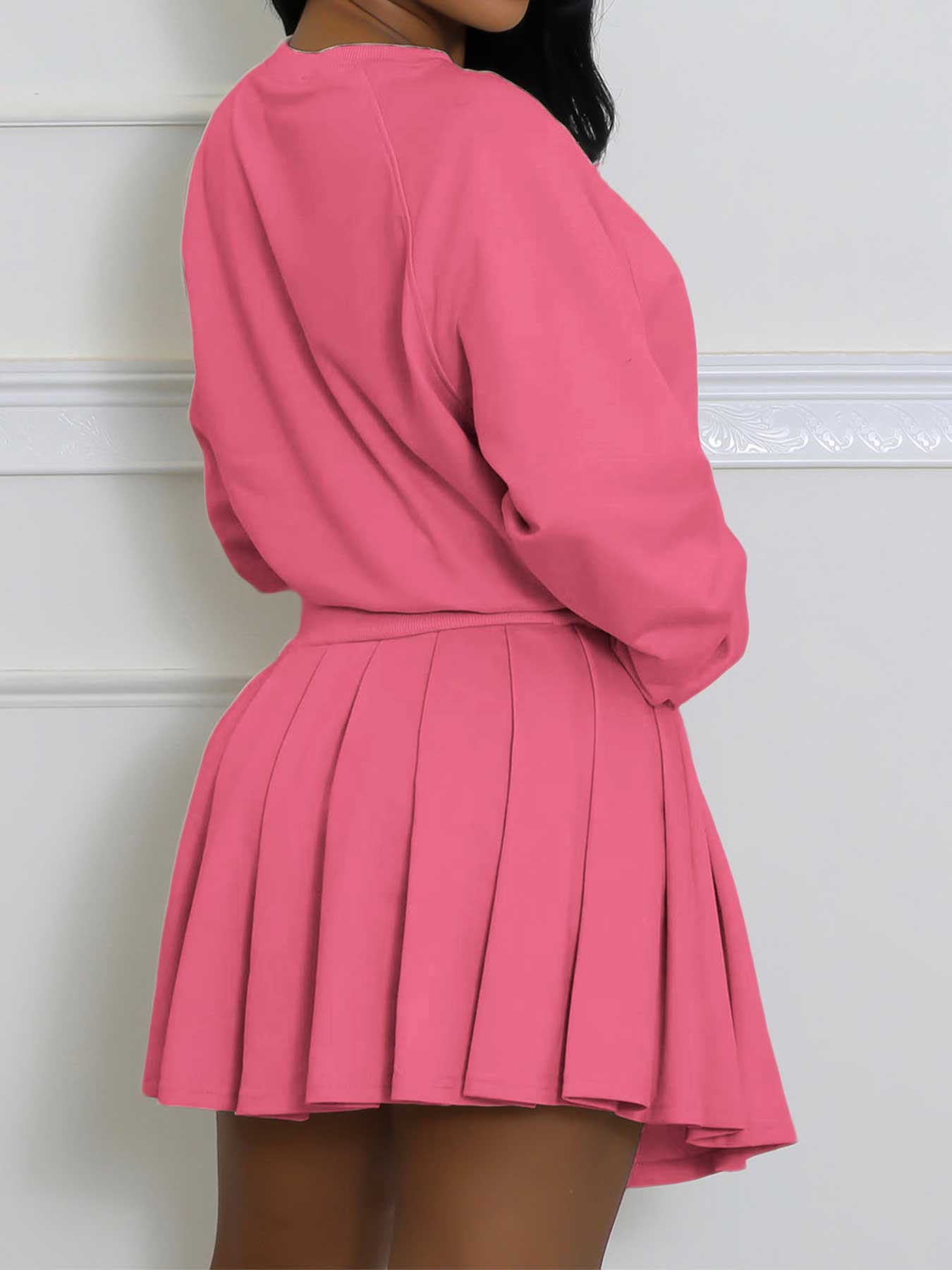 Women's Fashion Casual Set, Autumn Winter New Style Hoodie Long Sleeve Pullover Top and Pleated Mini Skirt